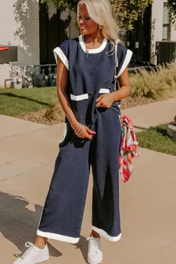 Clearance Dear-Lover Color Block Pocketed T Shirt and Wide Leg Pants Set Navy Blue