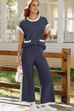 Clearance Dear-Lover Color Block Pocketed T Shirt and Wide Leg Pants Set Navy Blue