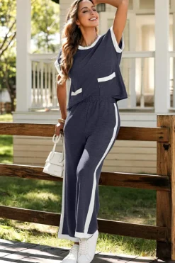 Clearance Dear-Lover Color Block Pocketed T Shirt and Wide Leg Pants Set Navy Blue