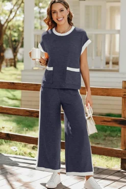 Clearance Dear-Lover Color Block Pocketed T Shirt and Wide Leg Pants Set Navy Blue