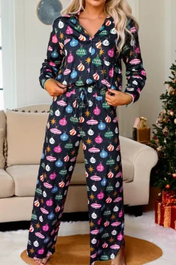 Hot Dear-Lover Colorful Christmas Lights Print Shirt and Pants Pajama Set Navy Blue