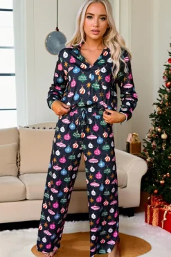Hot Dear-Lover Colorful Christmas Lights Print Shirt and Pants Pajama Set Navy Blue