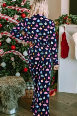 Hot Dear-Lover Colorful Christmas Lights Print Shirt and Pants Pajama Set Navy Blue