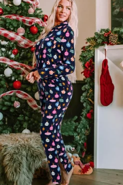 Hot Dear-Lover Colorful Christmas Lights Print Shirt and Pants Pajama Set Navy Blue