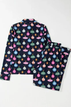 Hot Dear-Lover Colorful Christmas Lights Print Shirt and Pants Pajama Set Navy Blue