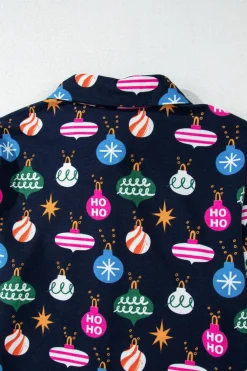 Hot Dear-Lover Colorful Christmas Lights Print Shirt and Pants Pajama Set Navy Blue