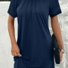 Clearance Dear-Lover Contrast Lace Raglan Sleeve Pleated Detail Shift Dress Navy Blue