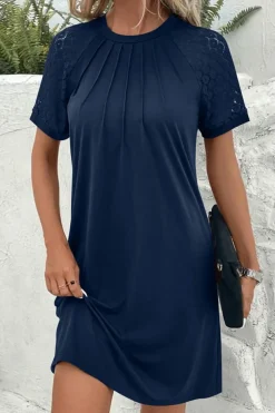 Clearance Dear-Lover Contrast Lace Raglan Sleeve Pleated Detail Shift Dress Navy Blue