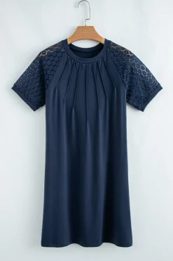 Clearance Dear-Lover Contrast Lace Raglan Sleeve Pleated Detail Shift Dress Navy Blue