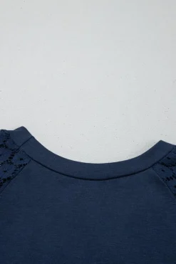 Clearance Dear-Lover Contrast Lace Raglan Sleeve Pleated Detail Shift Dress Navy Blue