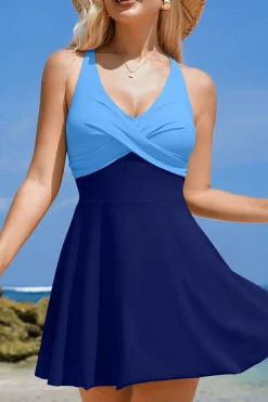 Outlet Dear-Lover Crisscross Straps Tie Back Flared One Piece Swimsuit Navy Blue