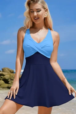 Outlet Dear-Lover Crisscross Straps Tie Back Flared One Piece Swimsuit Navy Blue
