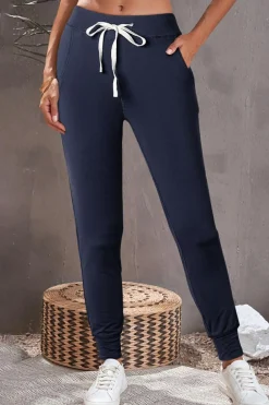 Fashion Dear-Lover Drawstring Waist Pocketed Joggers Navy Blue