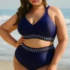 Outlet Dear-Lover Embroidered Trim Wrap Tie Knot Plus Size High Waisted Bikini Navy Blue