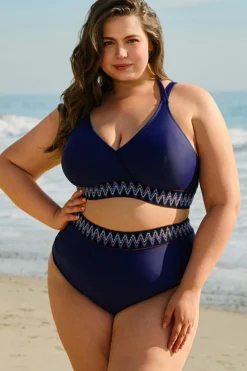 Outlet Dear-Lover Embroidered Trim Wrap Tie Knot Plus Size High Waisted Bikini Navy Blue