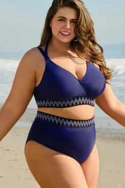 Outlet Dear-Lover Embroidered Trim Wrap Tie Knot Plus Size High Waisted Bikini Navy Blue
