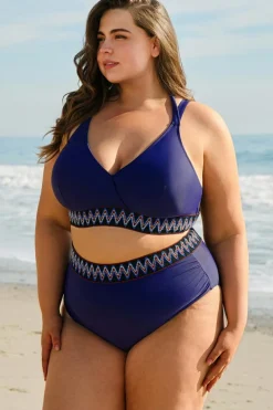 Outlet Dear-Lover Embroidered Trim Wrap Tie Knot Plus Size High Waisted Bikini Navy Blue