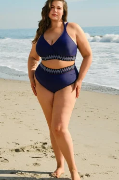 Outlet Dear-Lover Embroidered Trim Wrap Tie Knot Plus Size High Waisted Bikini Navy Blue