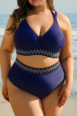 Outlet Dear-Lover Embroidered Trim Wrap Tie Knot Plus Size High Waisted Bikini Navy Blue