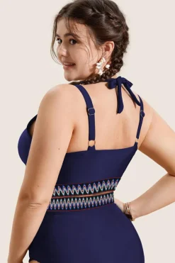 Outlet Dear-Lover Embroidered Trim Wrap Tie Knot Plus Size High Waisted Bikini Navy Blue