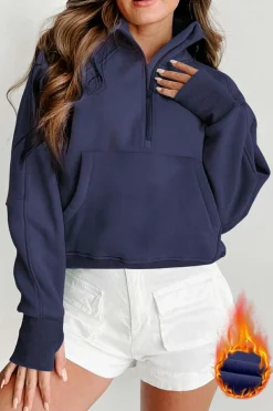 Best Dear-Lover Fleece Lined Zip Up Stand Collar Thumbhole Sleeve Sweatshirt Navy Blue