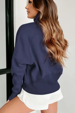 Best Dear-Lover Fleece Lined Zip Up Stand Collar Thumbhole Sleeve Sweatshirt Navy Blue