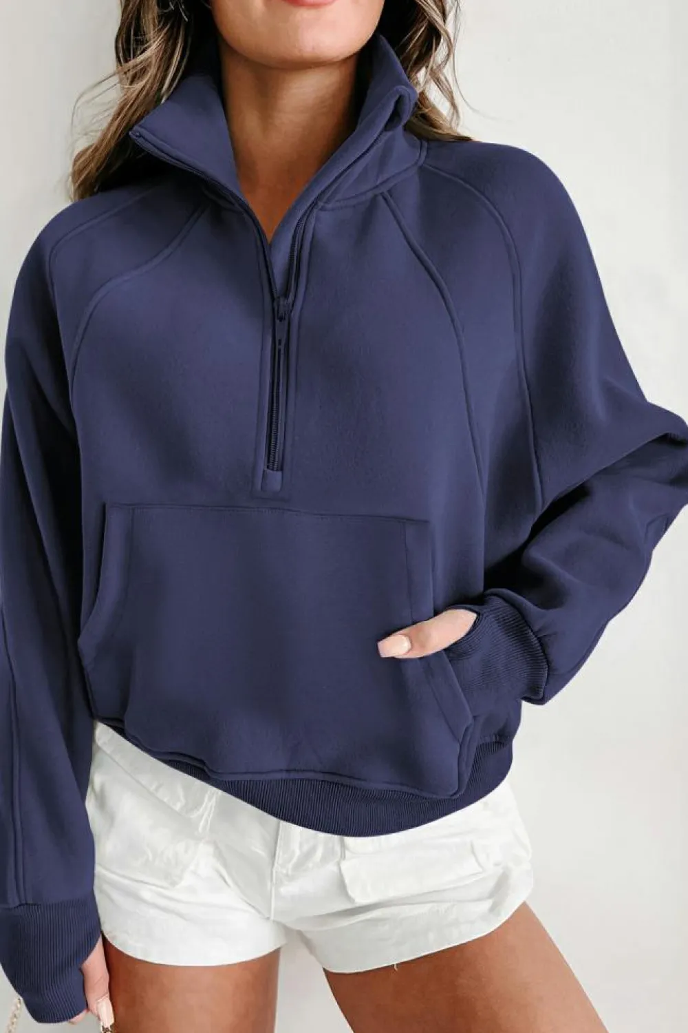 Best Dear-Lover Fleece Lined Zip Up Stand Collar Thumbhole Sleeve Sweatshirt Navy Blue