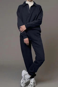 Outlet Dear-Lover Fold Down Collar Pullover and Joggers Tracksuit Navy Blue