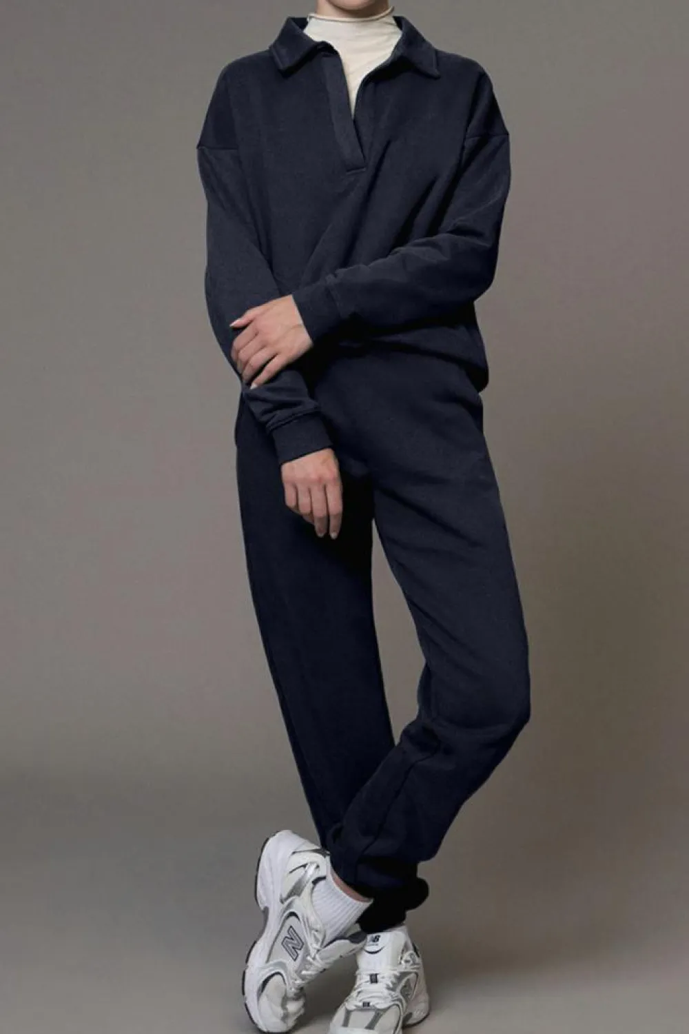 Outlet Dear-Lover Fold Down Collar Pullover and Joggers Tracksuit Navy Blue