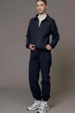 Outlet Dear-Lover Fold Down Collar Pullover and Joggers Tracksuit Navy Blue