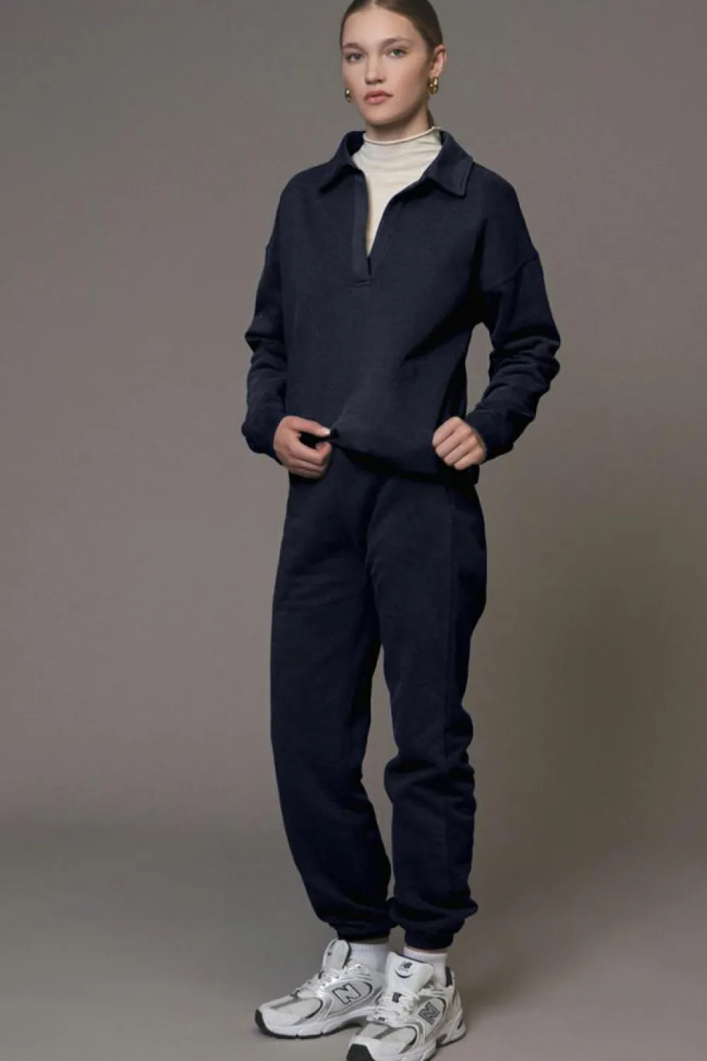 Outlet Dear-Lover Fold Down Collar Pullover and Joggers Tracksuit Navy Blue