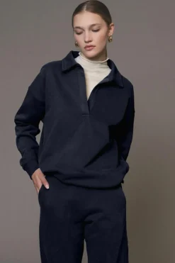 Outlet Dear-Lover Fold Down Collar Pullover and Joggers Tracksuit Navy Blue