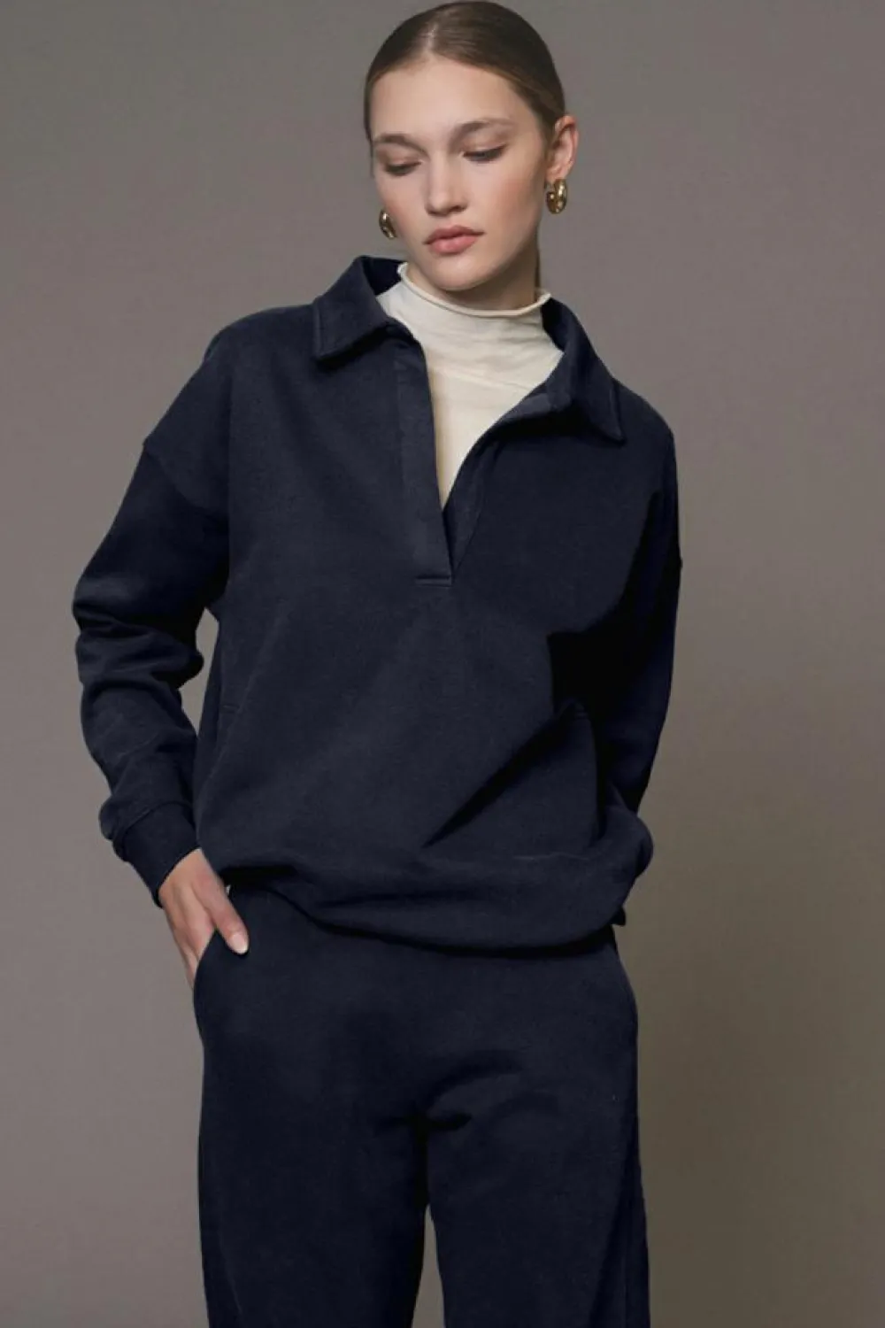 Outlet Dear-Lover Fold Down Collar Pullover and Joggers Tracksuit Navy Blue
