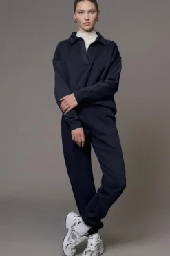 Outlet Dear-Lover Fold Down Collar Pullover and Joggers Tracksuit Navy Blue