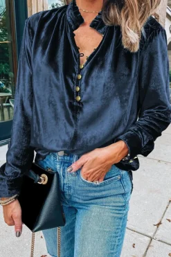 Hot Dear-Lover Frilled Neck Buttoned Front Velvet Top Navy Blue