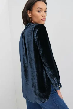 Hot Dear-Lover Frilled Neck Buttoned Front Velvet Top Navy Blue