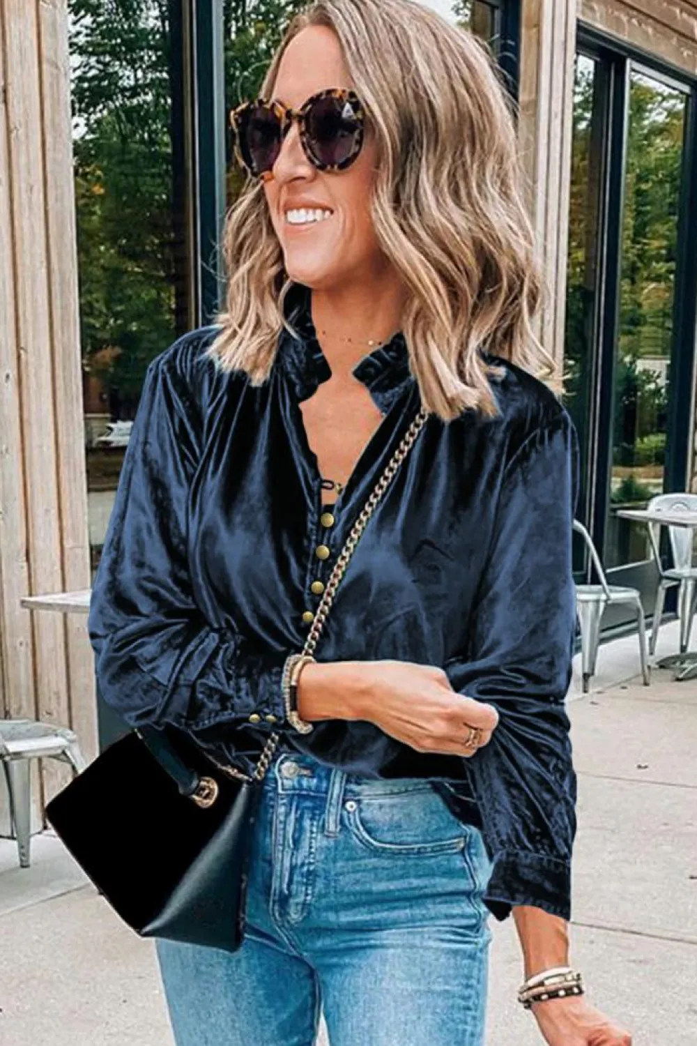 Hot Dear-Lover Frilled Neck Buttoned Front Velvet Top Navy Blue