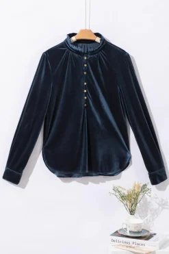 Hot Dear-Lover Frilled Neck Buttoned Front Velvet Top Navy Blue