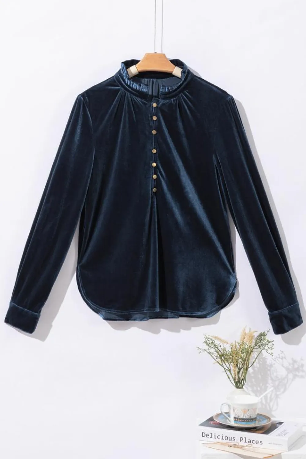 Hot Dear-Lover Frilled Neck Buttoned Front Velvet Top Navy Blue