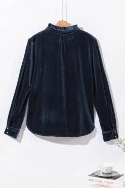 Hot Dear-Lover Frilled Neck Buttoned Front Velvet Top Navy Blue