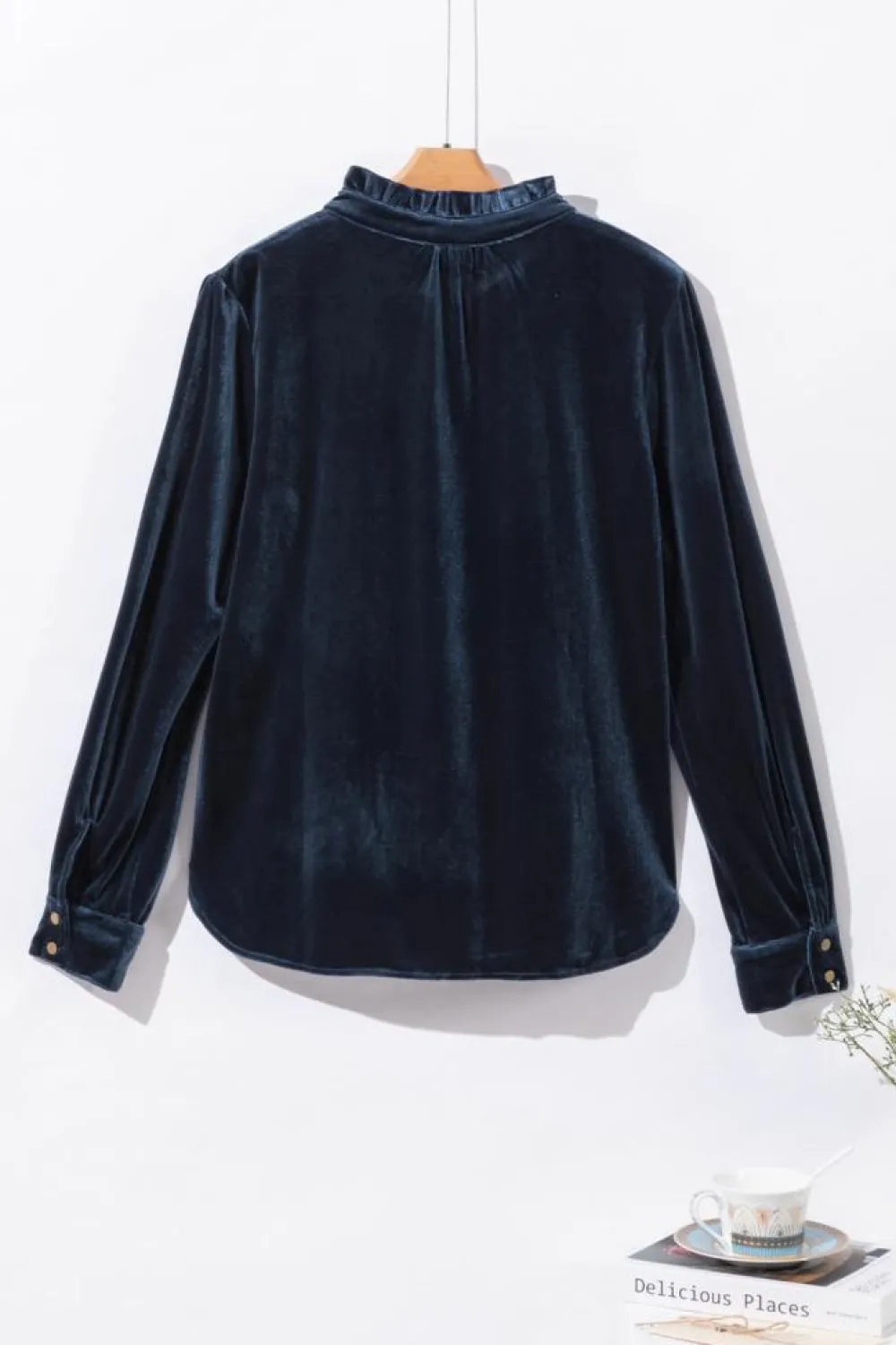 Hot Dear-Lover Frilled Neck Buttoned Front Velvet Top Navy Blue