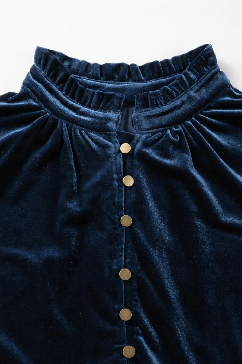 Hot Dear-Lover Frilled Neck Buttoned Front Velvet Top Navy Blue
