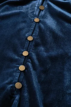 Hot Dear-Lover Frilled Neck Buttoned Front Velvet Top Navy Blue