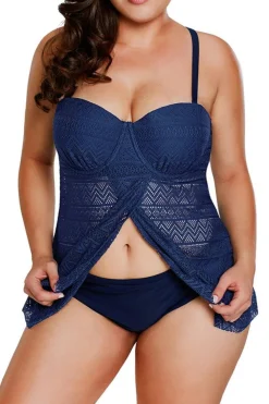 Sale Dear-Lover Navy Blue Lace Flyaway Underwired Plus Size Tankini Bathing Suit Dark Blue