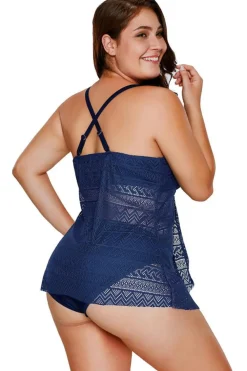 Sale Dear-Lover Navy Blue Lace Flyaway Underwired Plus Size Tankini Bathing Suit Dark Blue