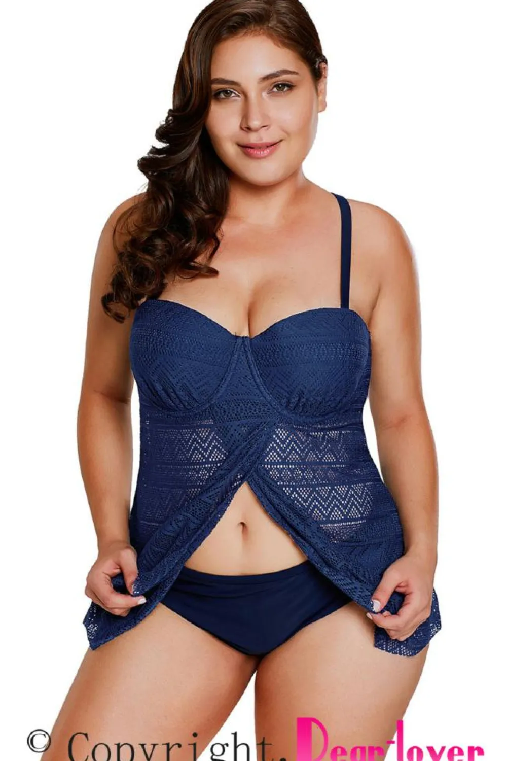 Sale Dear-Lover Navy Blue Lace Flyaway Underwired Plus Size Tankini Bathing Suit Dark Blue