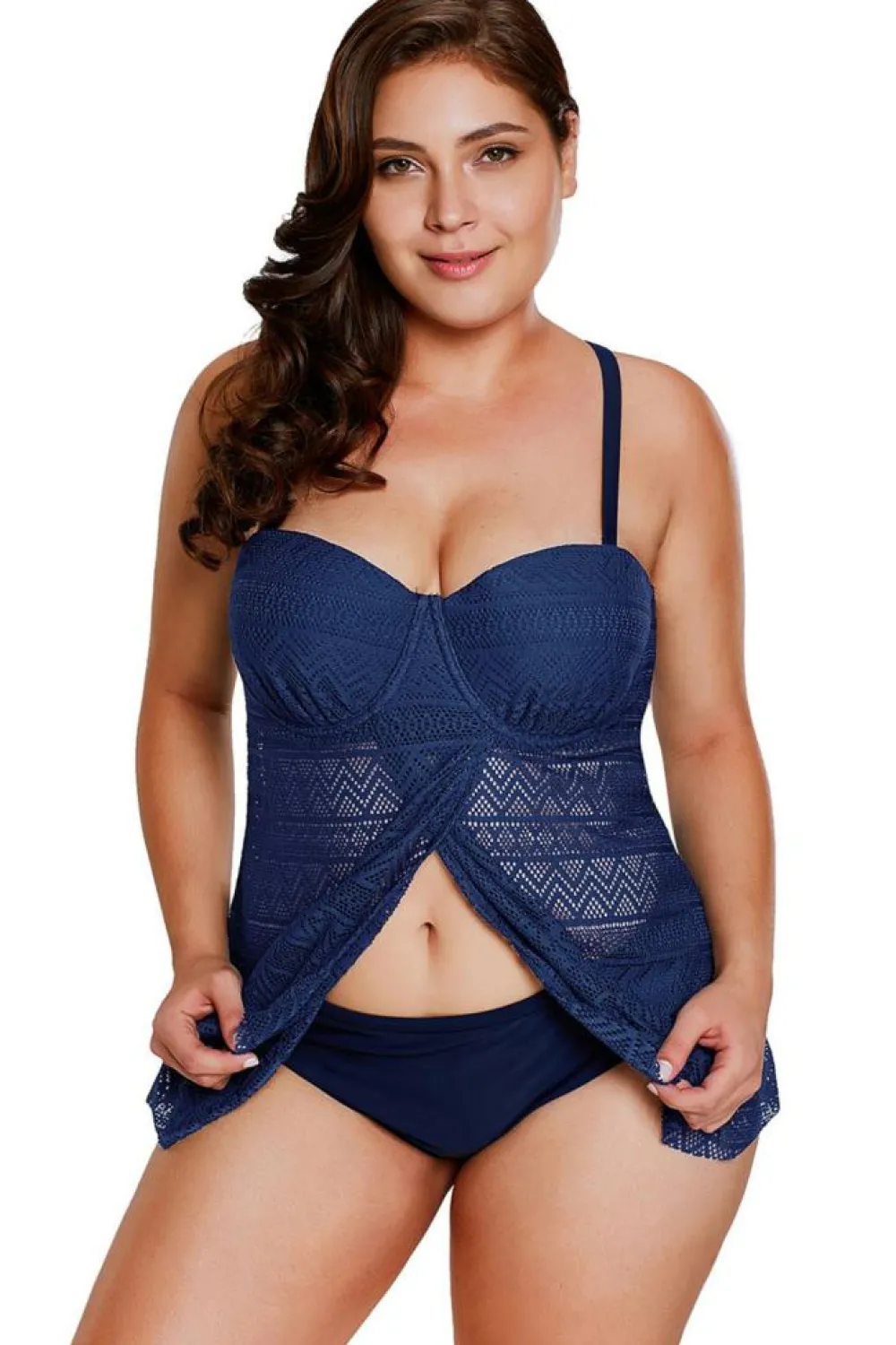 Sale Dear-Lover Navy Blue Lace Flyaway Underwired Plus Size Tankini Bathing Suit Dark Blue