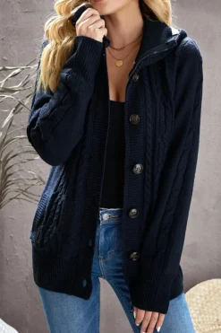 Best Dear-Lover Long Sleeve Button-up Hooded Cardigans Navy Blue