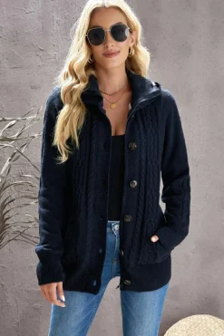 Best Dear-Lover Long Sleeve Button-up Hooded Cardigans Navy Blue