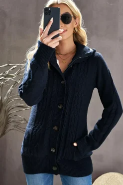 Best Dear-Lover Long Sleeve Button-up Hooded Cardigans Navy Blue